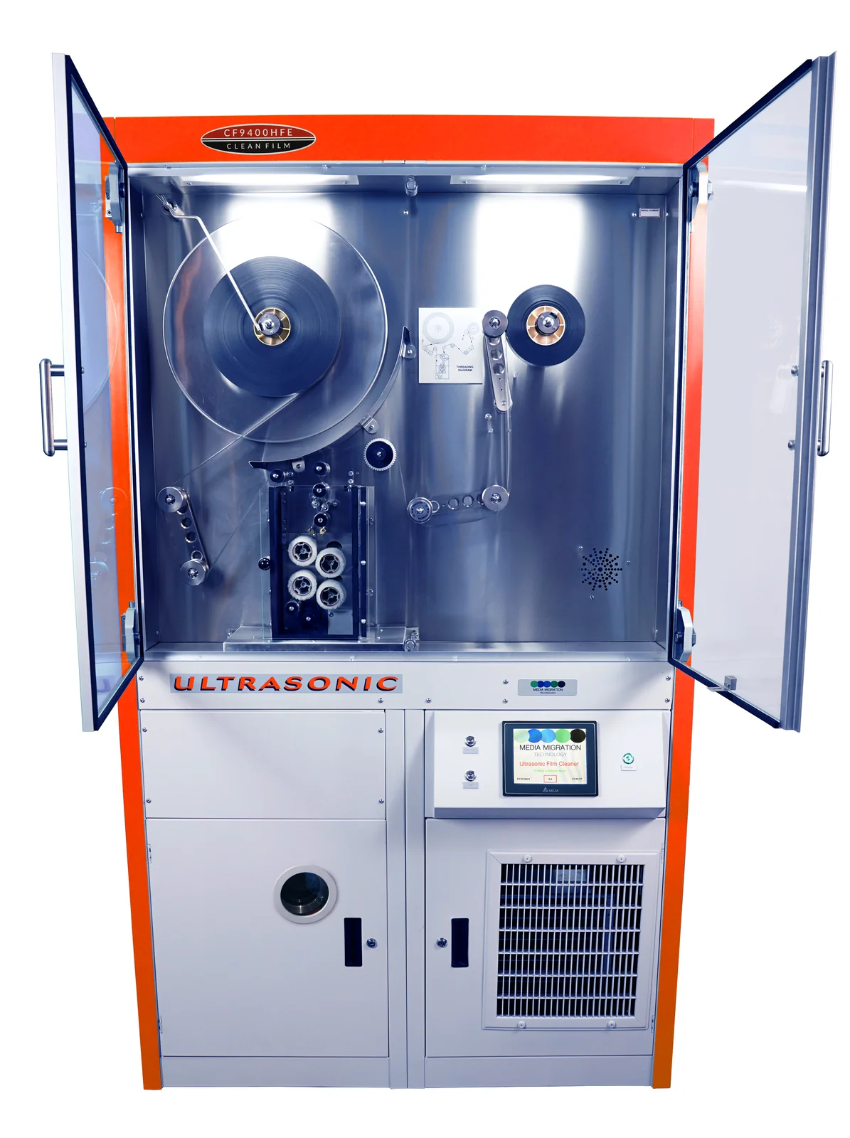MMT CF9400HFE ultrasonic film cleaner — front view doors open